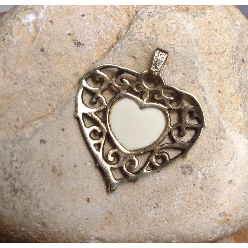 Vintage Lennox China Silver Silver 14k Gold Wash Heart Pendant